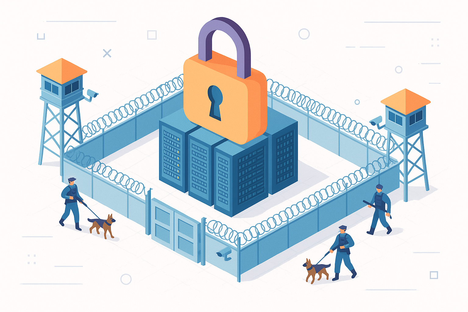 A 3D isometric illustration of a datacenter surrounded by security features