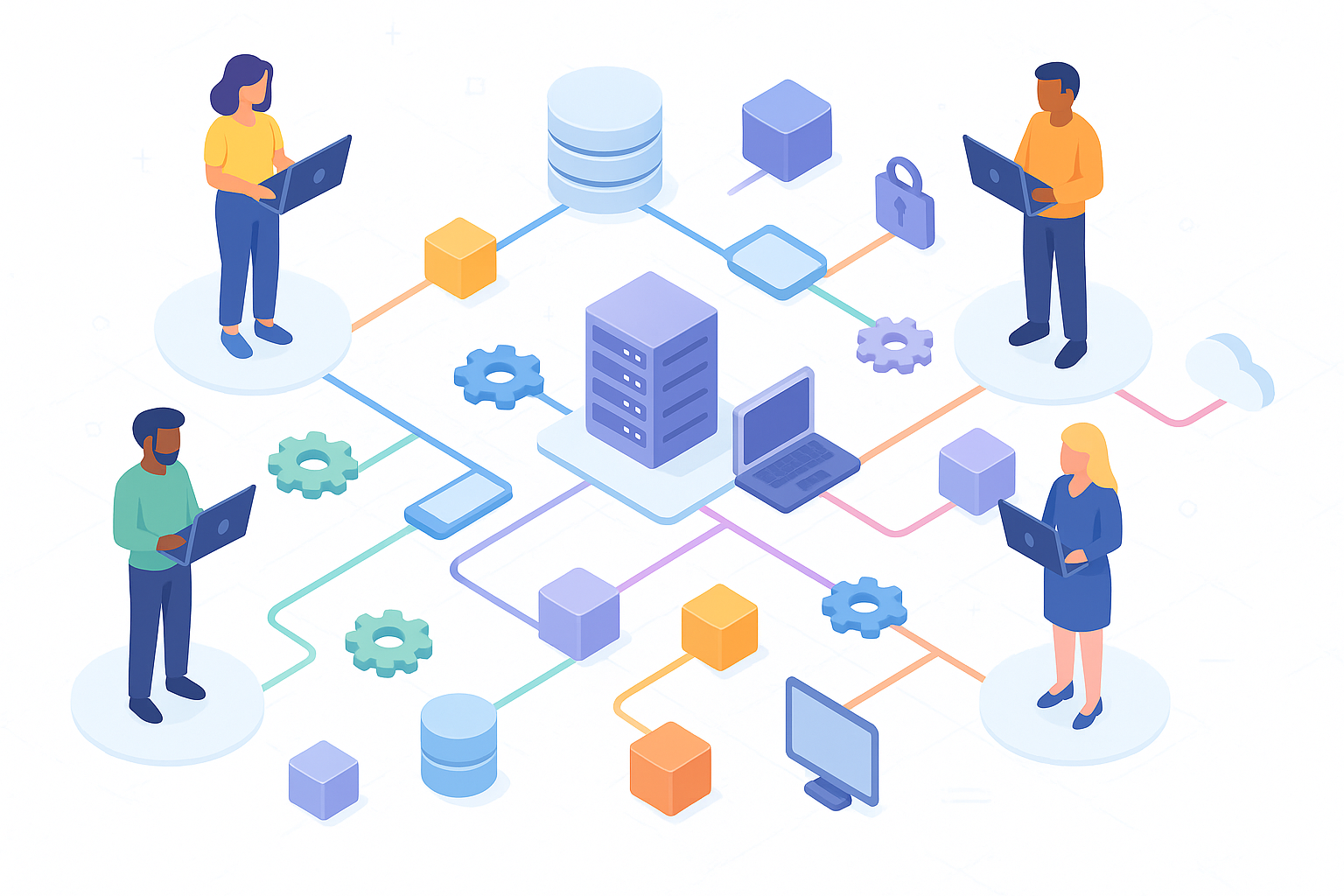 A 3D isometric illustration of a workflow automation system with AI components, showing data flow and process automation
