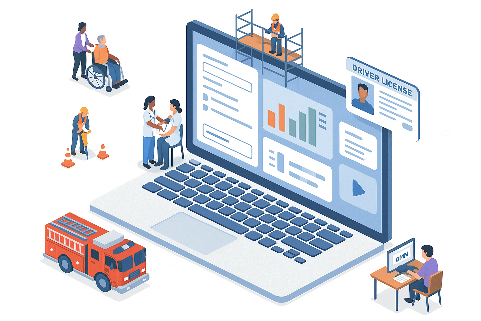 A 3D isometric illustration of a laptop with a unified portal interface, surrounded by public sector activities