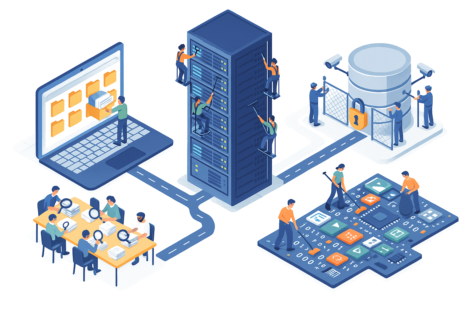 A 3D isometric illustration of data center city, showing data being cleaned and secured